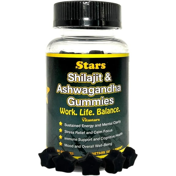 Vitastars Shilajit & Ashwagandha Gummies, Shilajit Resin and Gummy Immune Support Supplement for Men and Women, Work, Life, Balance, Dietary Ashwagandha Supplements, 60 Star Shaped Gummies