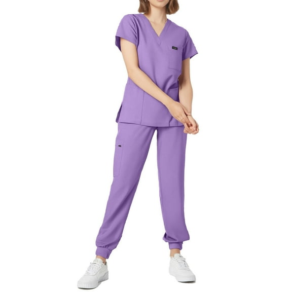 Vitastitch Black Scrubs Sets for Women, Women's Scrubs Set 2-Piece Soft Breathable Lightweight Summer Nursing Uniform V-Neck Elastic Waist Stretch Fit Multi-Pocket Scrub Top & Pants