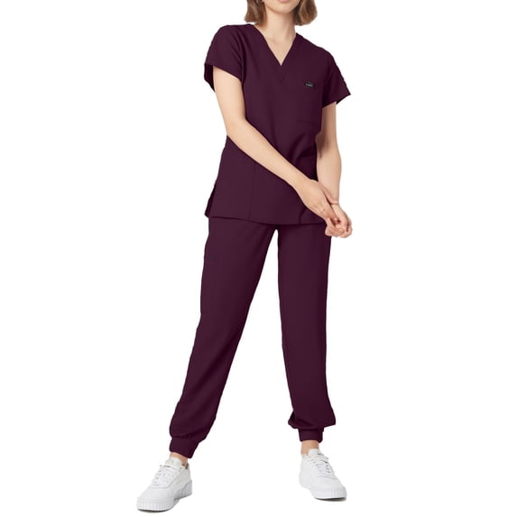 Vitastitch Black Scrubs, Women's Scrubs Set 2-Piece Soft Breathable Lightweight Summer Nursing Uniform V-Neck Elastic Waist Stretch Fit Multi-Pocket Scrub Top & Pants Red Xl