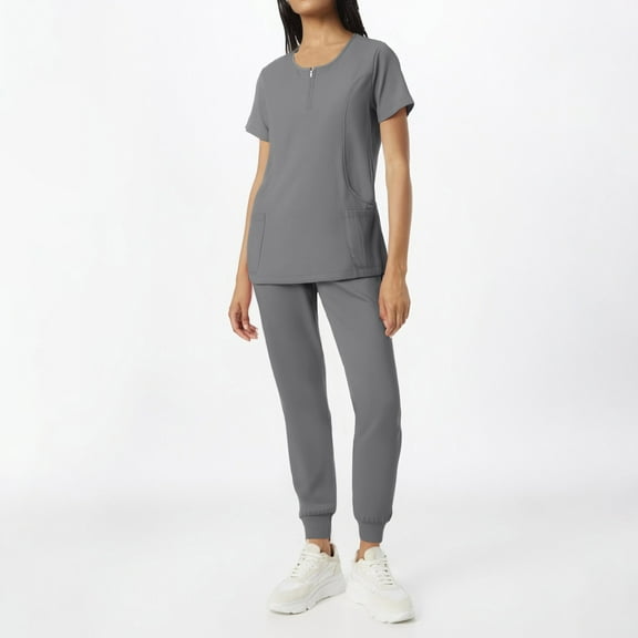 Vitastitch Navy Blue Scrubs for Women, Women's Scrub Sets 2-Pc Short Sleeve V-Neck Top & Pants, Breathable Nurse Work Uniform with Pockets, Adjustable Waist for Hospital Clinic Summer Grey L