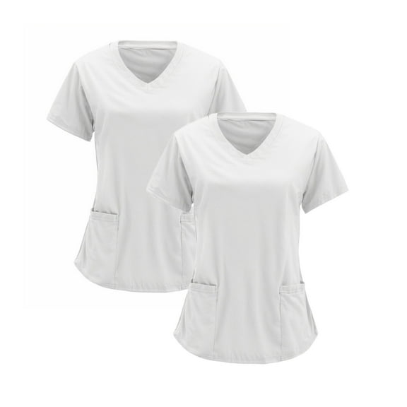 Vitastitch Royal Blue Scrubs, Women's 2-Pack V-Neck Scrub Tops with Pockets | Premium Polyester Medical Work Uniforms, Breathable & Durable for Healthcare Professionals White M