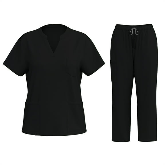 Vitastitch Royal Blue Scrubs, Women's V-Neck Short Sleeve Scrub Top with Pockets - Solid Color Breathable Work Uniform Set, Comfortable Summer Scrubs Black Xl