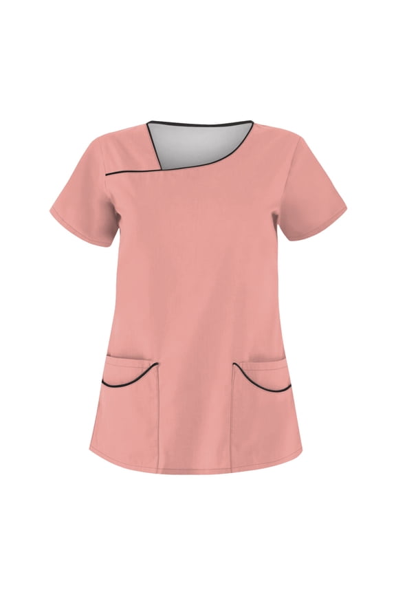 Scrub Tops Women, Women's Solid Color Scrubs Short Sleeve Top with Double Pockets - Breathable Polyester Nursing Uniform, Colorfast & Wash-Resistant for Healthcare Pink S