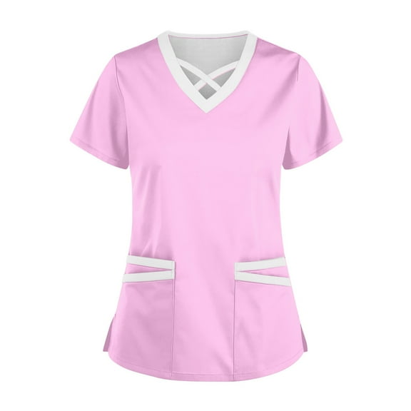 Vitastitch Scrubs,V-Neck Short Sleeve Nursing Uniforms Work Casual Tops with Drawstring & Pockets - Soft Medical Scrub Shirt for Hospital, Clinics Pink Xxl