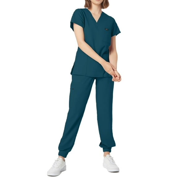 Vitastitch Scrubs for Women Set Clearance, Women's Scrubs Set 2-Piece Soft Breathable Lightweight Summer Nursing Uniform V-Neck Elastic Waist Stretch Fit Multi-Pocket Scrub Top & Pants