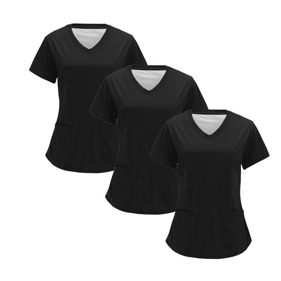 Vitastitch Scrubs, Women's 3-Pack V-Neck Stretch Cargo Scrub Tops with Pockets - Breathable Moisture-Wicking Work Uniforms for Healthcare Heroes Black Xl