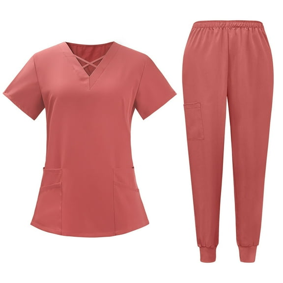 Vitastitch Scrubs, Women's Short Sleeve V-Neck Scrub Sets - Solid Color Breathable Nursing Uniforms with Pockets, Stretch Fit Scrub Top & Pants for Summer Red Xl
