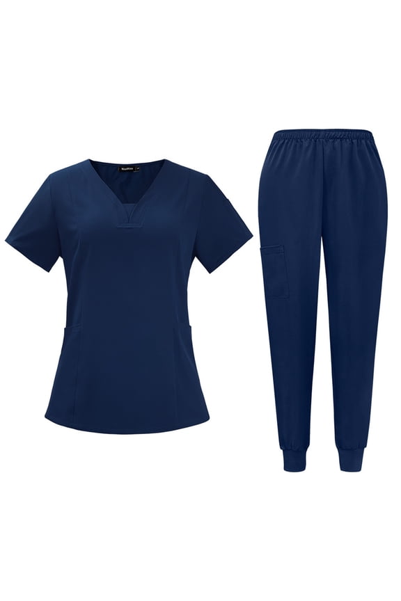 Scrubs, Women's V-Neck Scrub Top with Cargo Pockets - Comfortable Short Sleeve Workwear Set, Breathable & Lightweight for Summer Nursing Uniforms Blue S