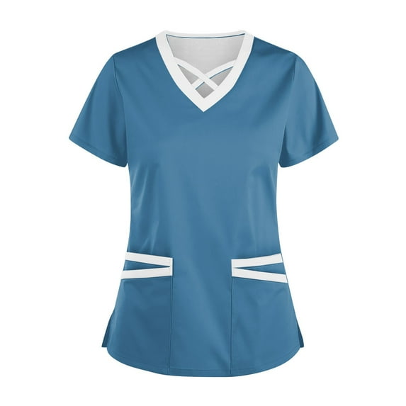 Vitastitch Womens Scrubs,V-Neck Short Sleeve Nursing Uniforms Work Casual Tops with Drawstring & Pockets - Soft Medical Scrub Shirt for Hospital, Clinics Blue L