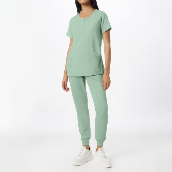Womens Scrubs, Women's Scrub Sets 2-Pc Short Sleeve V-Neck Top & Pants, Breathable Nurse Work Uniform with Pockets, Adjustable Waist for Hospital Clinic Summer Green L