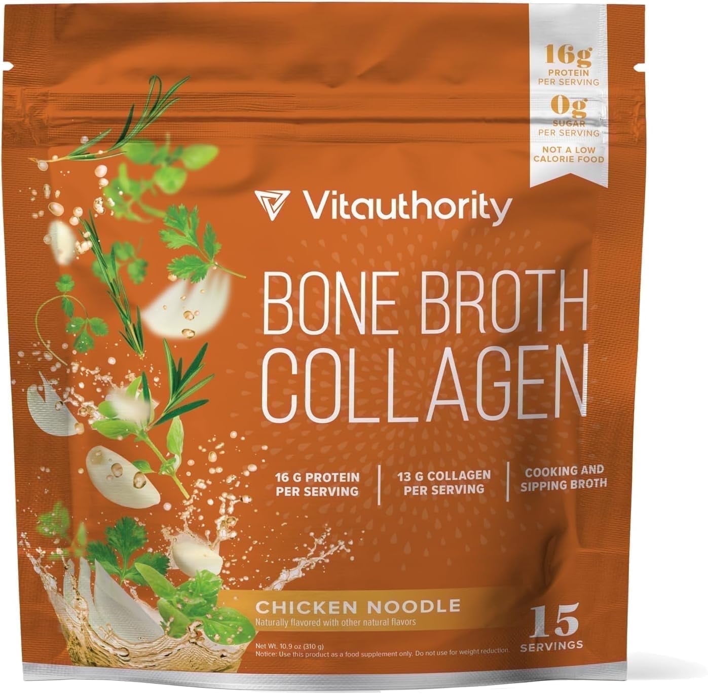 Vitauthority Bone Broth Collagen Protein Powder, 16g Protein Supplement, Chicken Noodle, 15 Servings