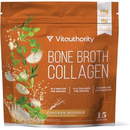 Vitauthority Bone Broth Collagen Beauty Supplement Powder, Chicken Noodle, 30 Servings