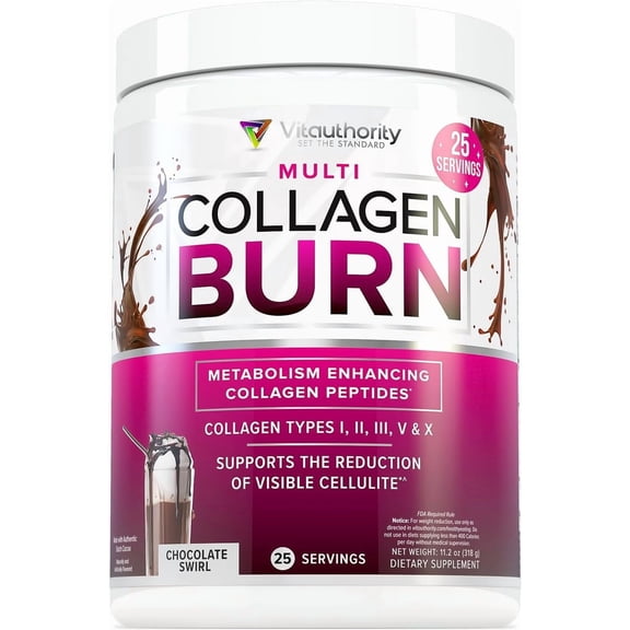 Vitauthority Multi Collagen Burn, Collagen Peptides Powder for Women, Chocolate Swirl, 25 Servings