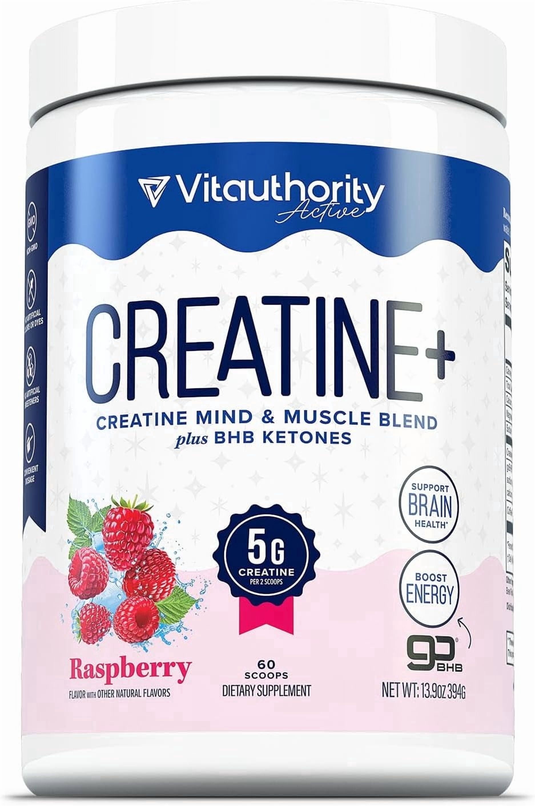 Vitauthority Creatine Powder for Women with goBHB and CognatiQ, Raspberry, 60 Servings