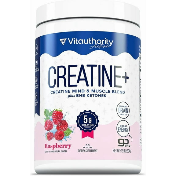 Vitauthority Creatine Powder for Women with goBHB and CognatiQ, Raspberry, 60 Servings
