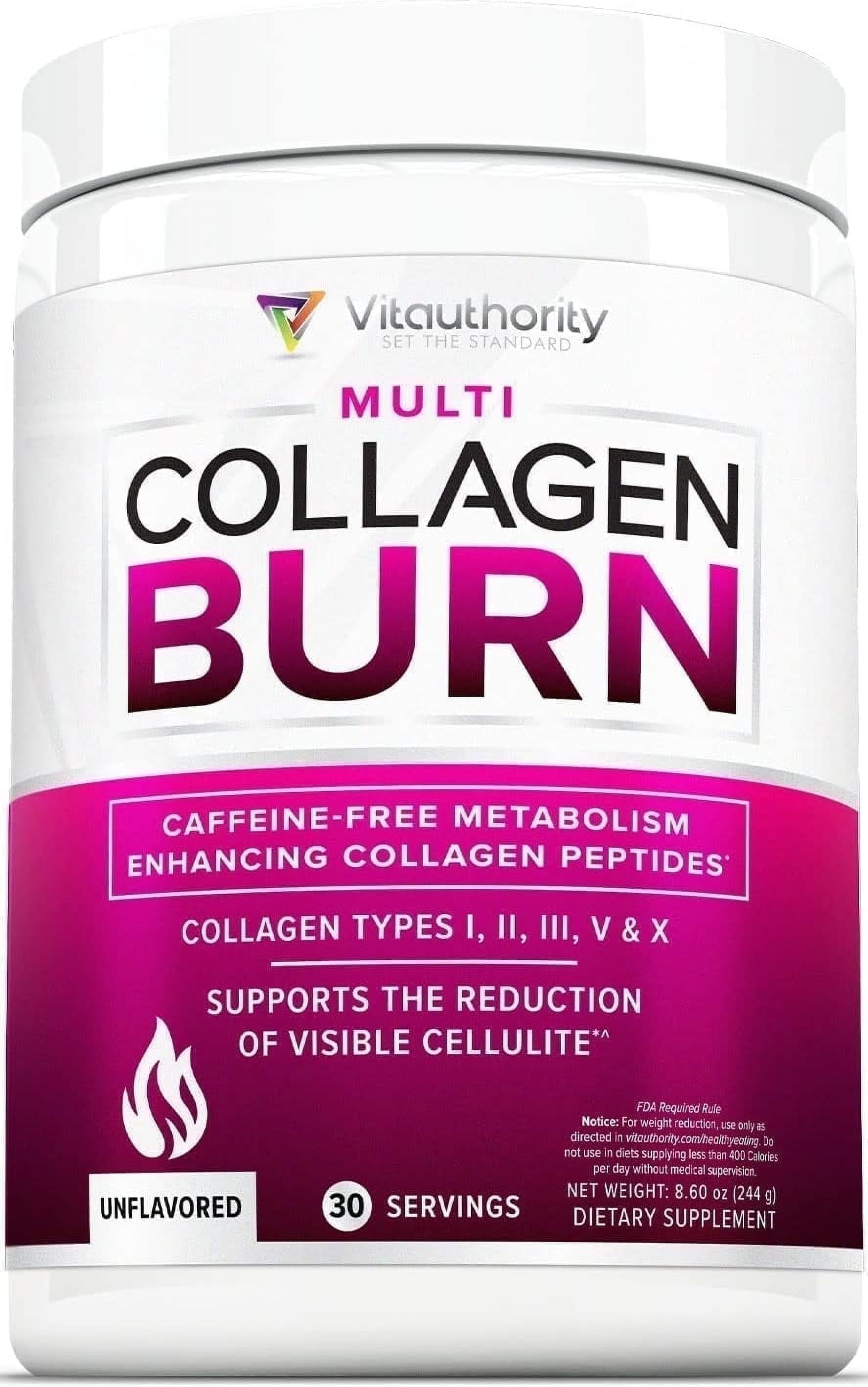 Vitauthority Multi Collagen Peptides Powder Hydrolyzed Collagen Burn, Unflavored, 30 servings