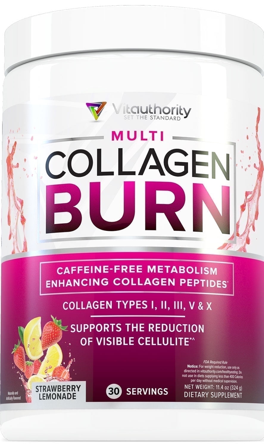 Vitauthority Multi Collagen Peptides Hydrolyzed Collagen Burn Powder, Strawberry Lemonade, 11.4 oz