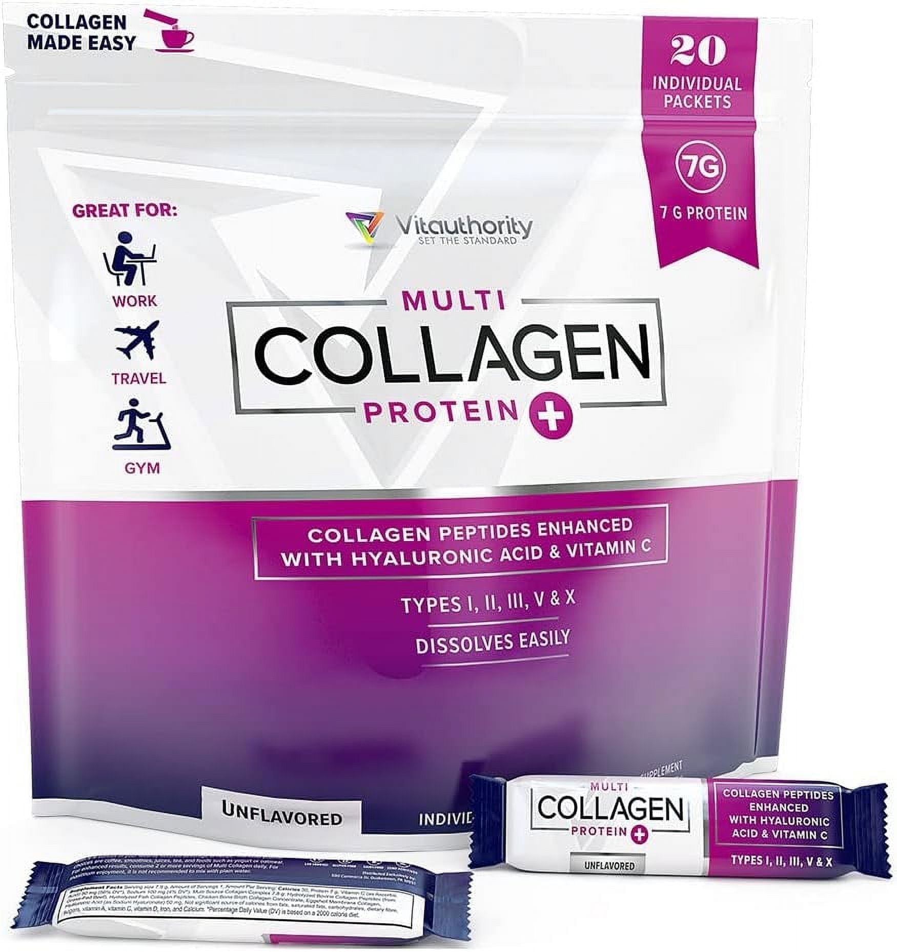 Vitauthority Multi Collagen Peptides Plus Hyaluronic Acid & Vitamin C, Hydrolyzed Collagen Protein, 20 Stick Packs