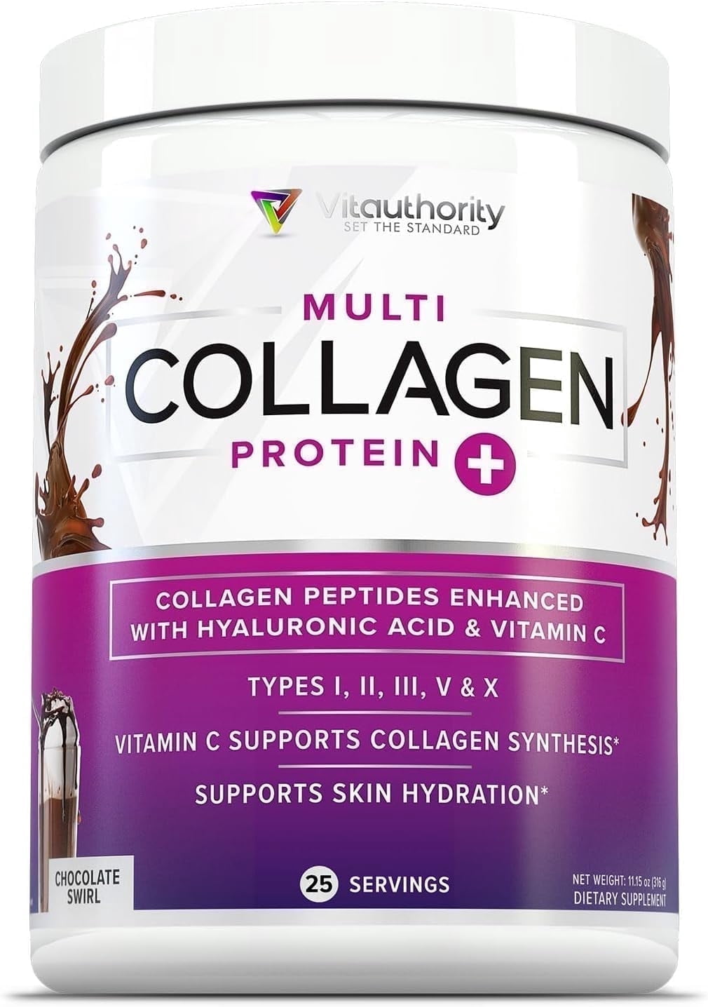 Vitauthority Multi Collagen Peptides Hydrolyzed Protein Powder, Peach Mango, 10 oz