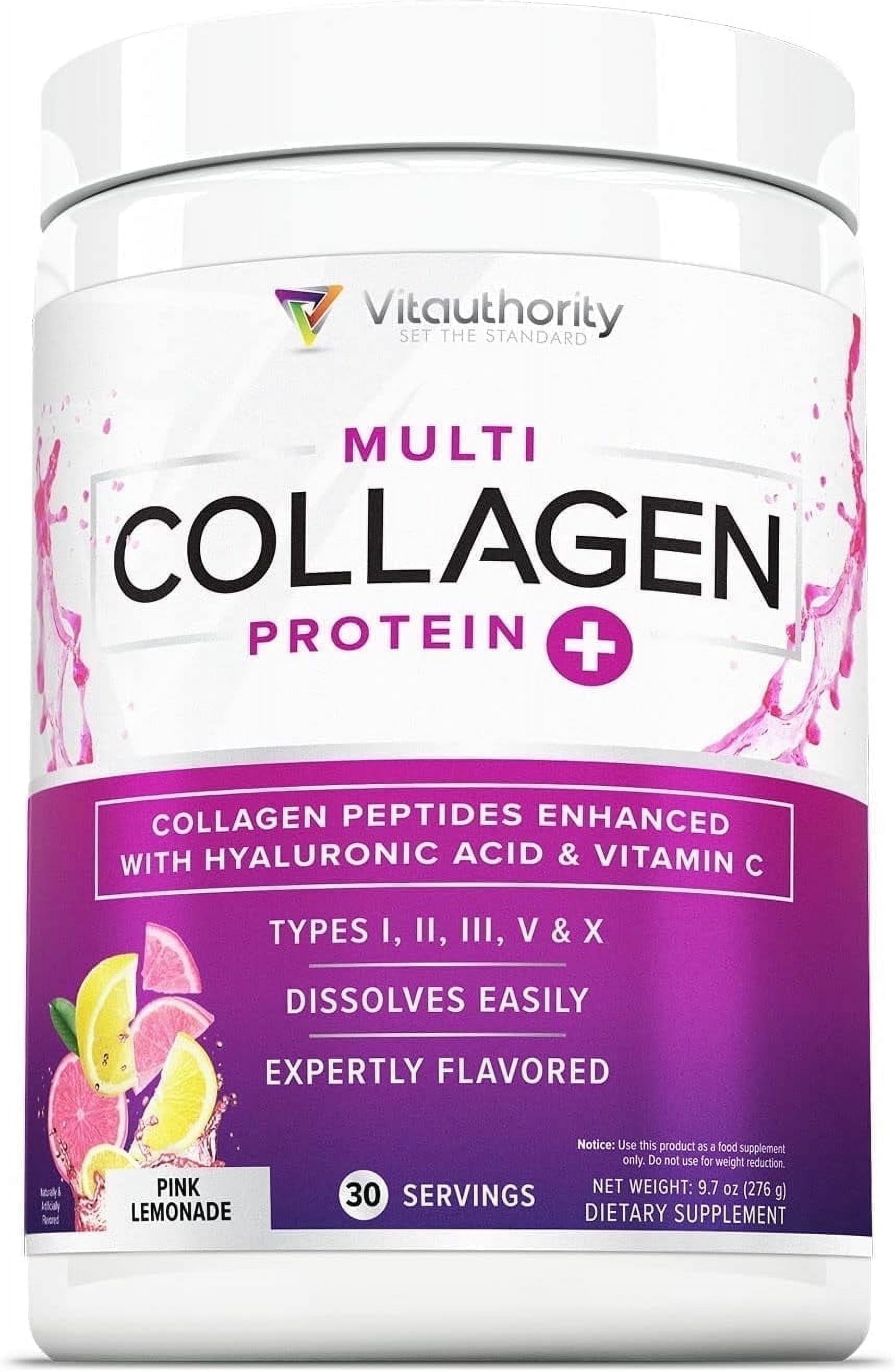 Vitauthority Multi Collagen Peptides Hydrolyzed Protein Powder with Hyaluronic acid & Vitamin C, Pink Lemonade, 9.7 oz