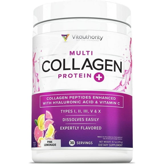 Vitauthority Multi Collagen Peptides Hydrolyzed Protein Powder with Hyaluronic acid & Vitamin C, Pink Lemonade, 9.7 oz