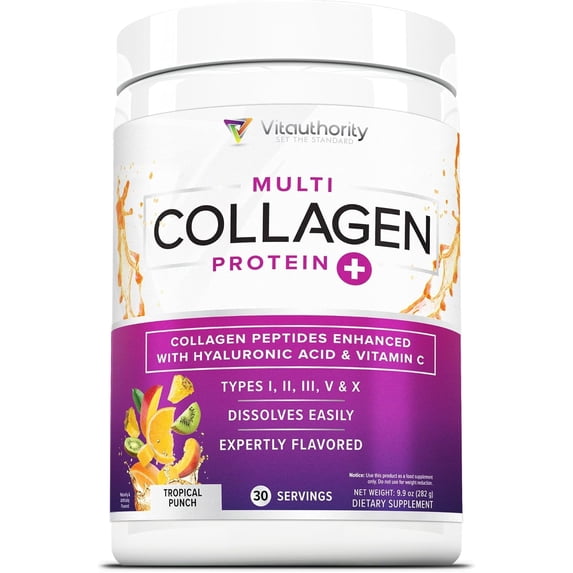 Vitauthority Multi Collagen Peptides Hydrolyzed Protein Powder with Hyaluronic acid & Vitamin C, Tropical Punch, 9.7 oz