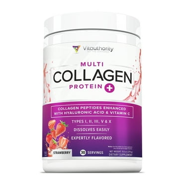Vitauthority Multi Collagen Peptides Plus Hyaluronic Acid and Vitamin C, Protein, Types I, II, III, V and X Collagen, Strawberry Flavor, 30 Servings, 9.8 oz