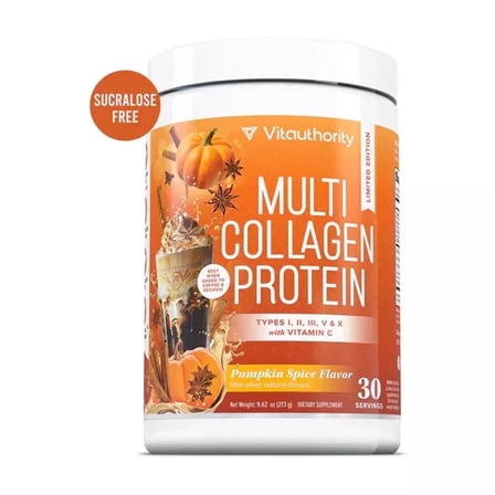 Vitauthority Multi Collagen Peptides Powder for Women with Vitamin C, Pumpkin Spice, 30 Servings