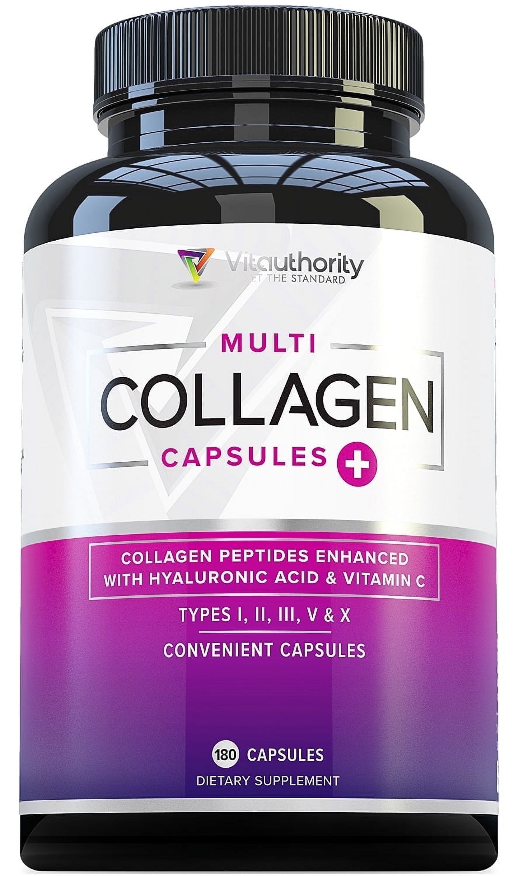 Vitauthority Multi Collagen Peptides Pills Hydrolyzed Collagen Peptides with Vitamin C, 180 Capsules