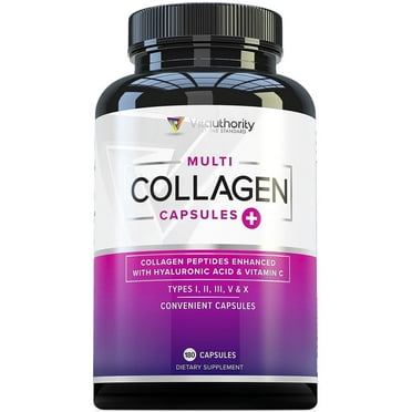 Vitauthority Multi Collagen Peptides Pills Hydrolyzed Collagen Peptides with Vitamin C, 180 Capsules