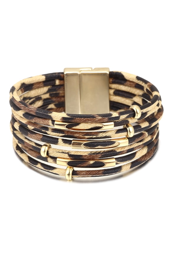 Fashion Leopard Print PU Leather Bracelet with Gold-Plated Tubes