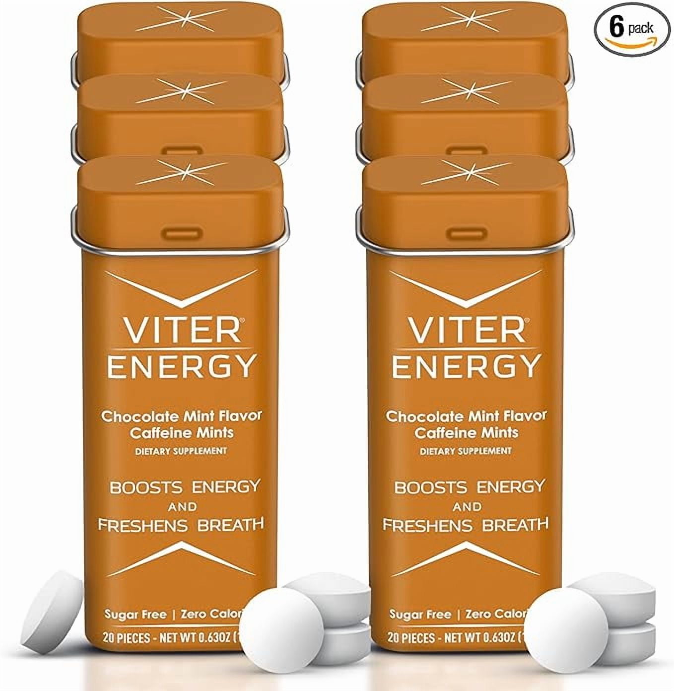 Viter Energy Caffeinated Mints 40mg Caffeine, B Vitamins, Sugar Free. (Chocolate Mint, 20pcs, 6 Pack)