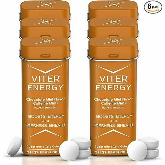 Viter Energy Caffeinated Mints 40mg Caffeine, B Vitamins, Sugar Free. (Chocolate Mint, 20pcs, 6 Pack)