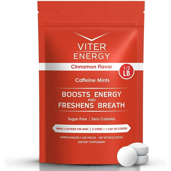 Viter Energy Caffeinated Mints - 40mg Caffeine, B Vitamins, Sugar Free Vegan Breath Mint, Powerful Energizing Boost, (Cinnamon Bulk Bag), 250 Pcs