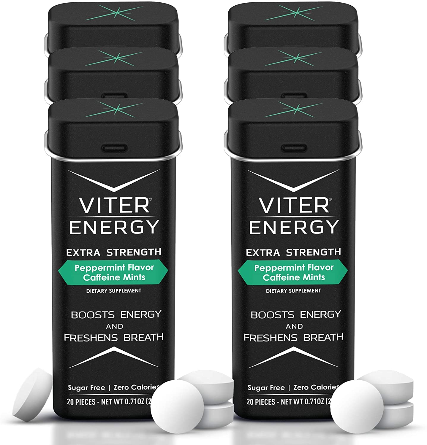 Viter Energy Extra Strength Mints 80mg Caffeine & B Vitamins, Peppermint 120 Count (6 Pack