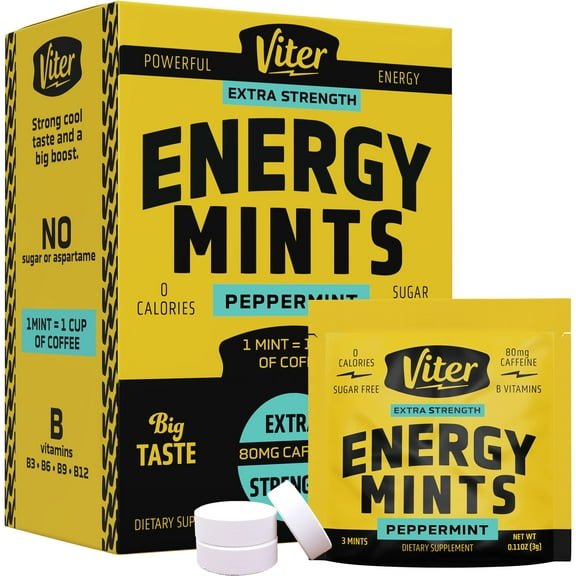 Viter Energy Extra Strength Mints 80mg Caffeine & B Vitamins, Peppermint - 3 Count (Pack of 30)