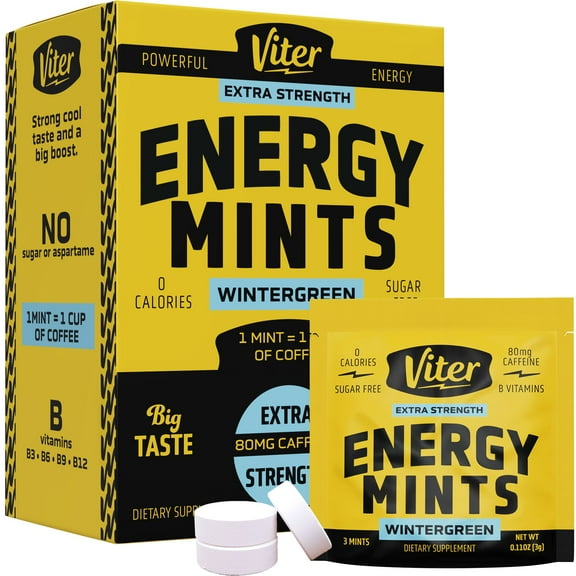 Viter Energy Extra Strength Mints 80mg Caffeine & B Vitamins, Wintergreen - 3 Count (Pack of 30)