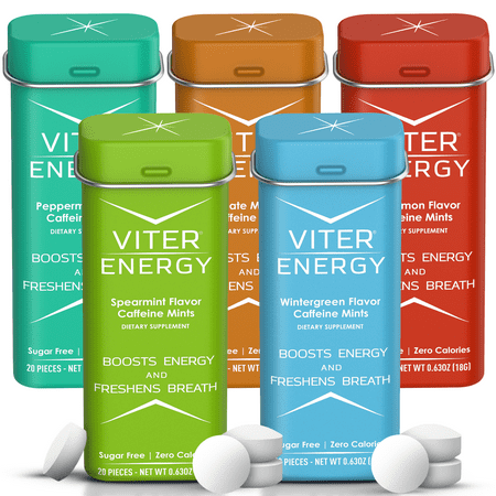 Viter Energy Mints 40mg Caffeine & B Vitamins, Variety Flavors - 100 Count (5 Pack)