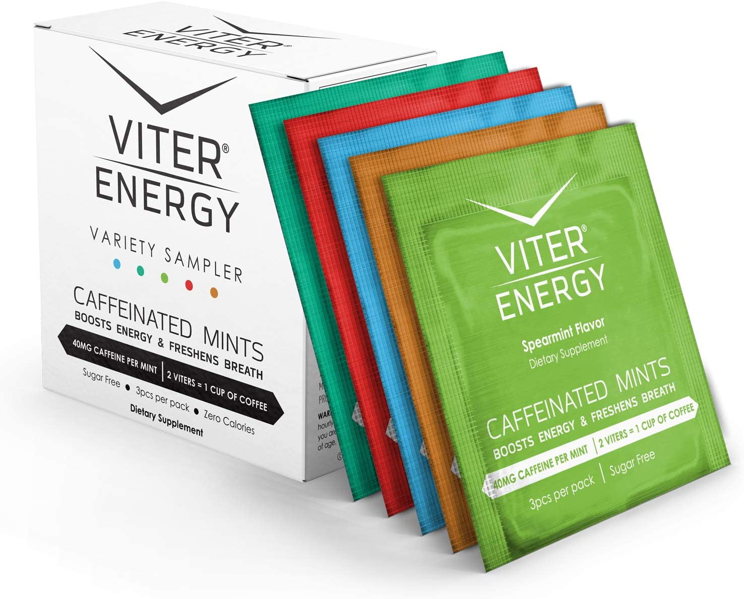 Viter Energy Mints 40mg Caffeine & B Vitamins, Variety Flavors Sampler 15 Count (5 Pack
