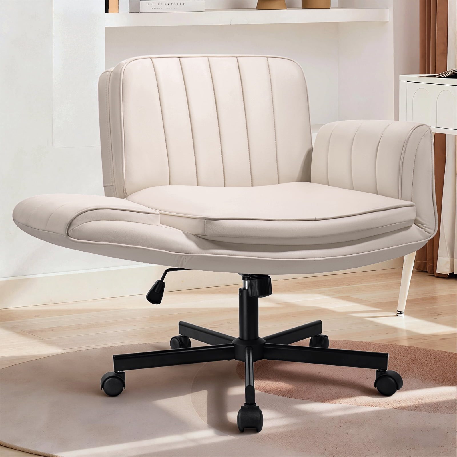 BOSSIN Biege Criss Cross Chair with Armrests & Wheels,Foldable Armrest PU Leather Vanity Chair – Thickened Swivel Office Desk Chair for Home, Makeup Room & Bedroom