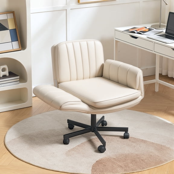 BOSSIN Biege Criss Cross Chair with Armrests & Wheels,Foldable Armrest PU Leather Vanity Chair – Thickened Swivel Office Desk Chair for Home, Makeup Room & Bedroom