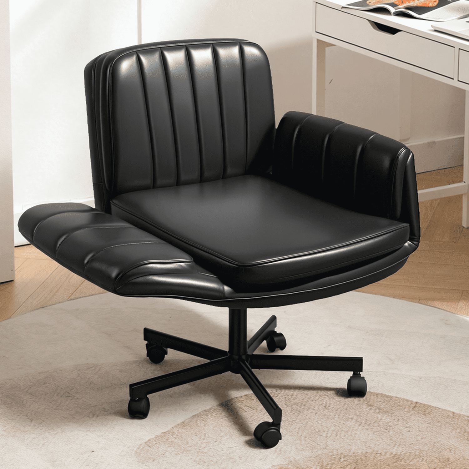 BOSSIN Black Criss Cross Chair with Armrests & Wheels,Foldable Armrest PU Leather Vanity Chair – Thickened Swivel Office Desk Chair for Home, Makeup Room & Bedroom