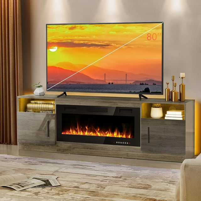Vitesse Fireplace tv Stand with 36 inch Fireplace Up to 80" TVs,LED Light Entertainment Center