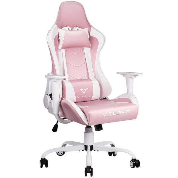 Vitesse Pink Gaming Chair Cute Kawaii Gaming Chair for Girl Ergonomic Office Desk Chair Racing Office Chair Adjustable High Back Chair Game Chair Swivel Leather Chair with Lumbar Support and Headrest