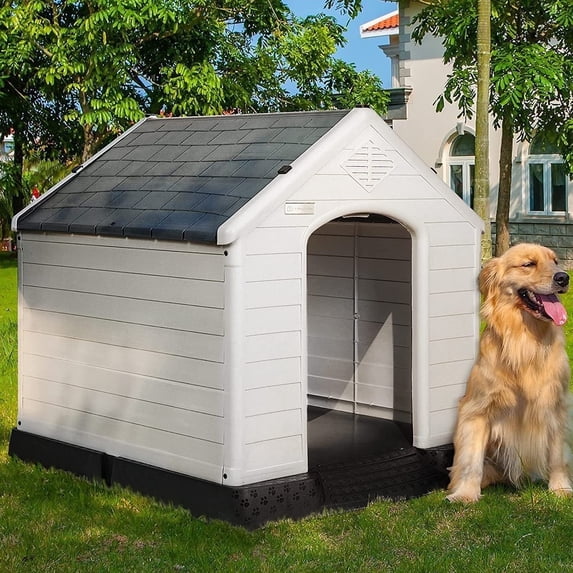 BOSSIN Plastic Dog House Outdoor Indoor for Small Medium Large Dogs,Waterproof Dog Houses with Elevated Floor and Air Vents,Durable Ventilate & Easy Clean and Assemble