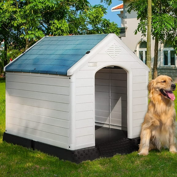 BOSSIN Plastic Dog House Outdoor Indoor for Small Medium Larige Dogss with Elevated Floor and Air Vents