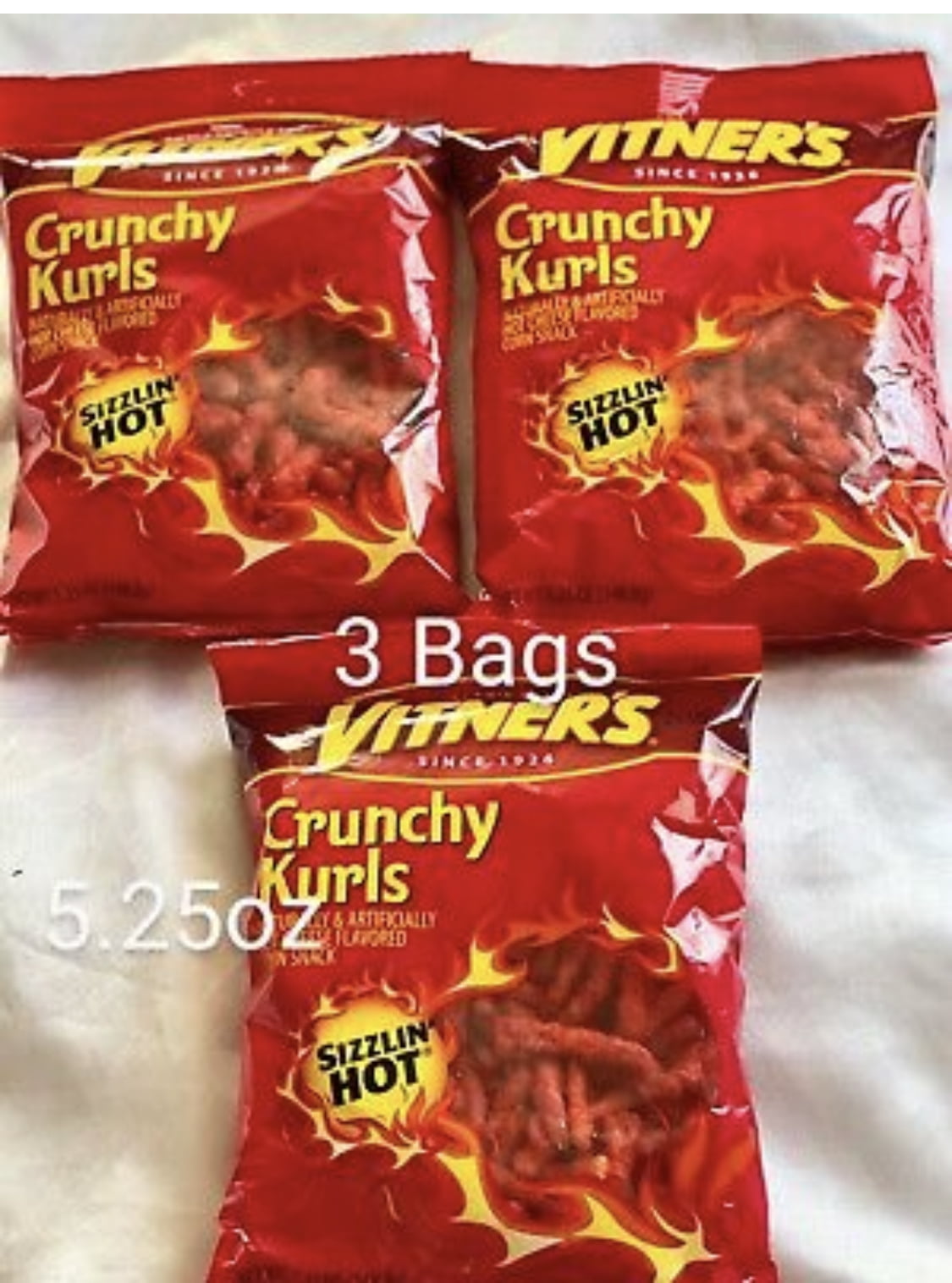 Vitner’s Sizzlin Hot Cheese Crunchy Kurls 3 Bags 5.25oz