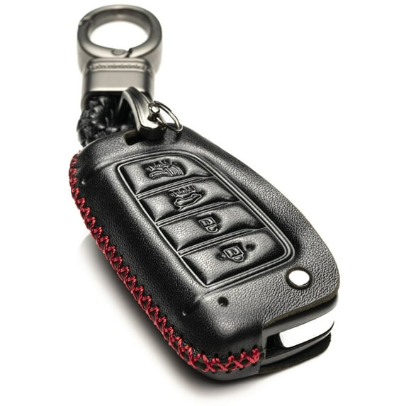 Vitodeco Genuine Leather Flip Key Fob Case Cover Compatible with Hyundai Accent, Kona, Santa Fe, Tucson, Venue, Sonata, Veloster 2018-2025 (4-Button, Black/Red)