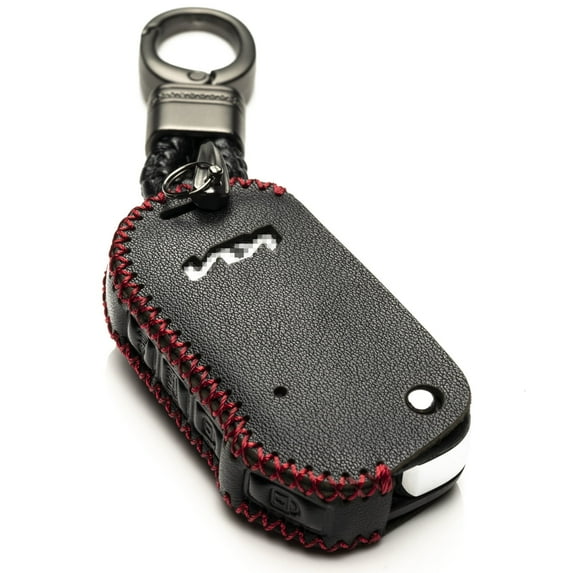 Vitodeco Genuine Leather Flip Key Fob Case Cover Compatible with KIA New Emblem 2021 - 2025 (4-Button, Black/Red)