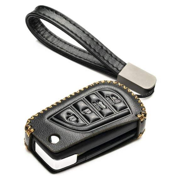 Vitodeco Genuine Leather Flip Key Fob Case Cover Protector with Key Chain Compatible for 2018 - 2025 Toyota Camry, Corolla (4-Button, Black)